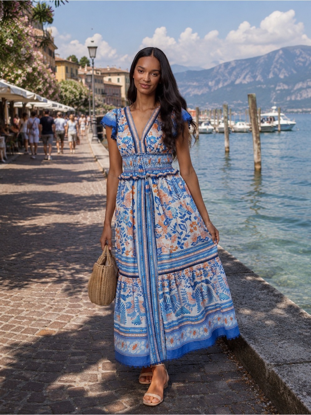 Farm Rio x Anthropologie NWT Ruffle-Sleeve Smocked Maxi Dress size S.